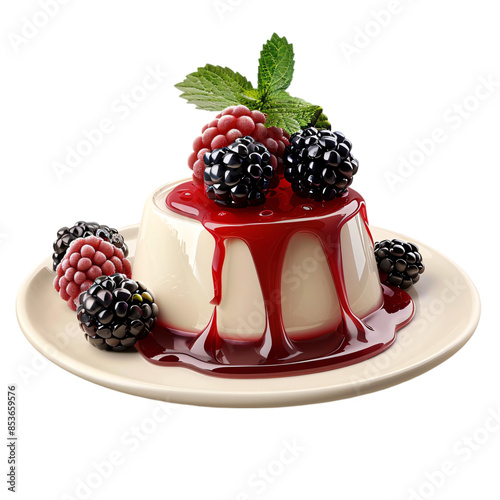 A 3D panna cotta with berry sauce, dessert element, refined style, isolated on white background transparent background