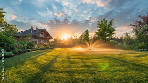 Using an automatic irrigation sprinkler to water the lawn during sunset, highlighting lawn care and gardening practices