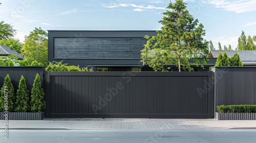 Sleek anthracite fence panels with a sliding gate, modern and chic design, street view, clean aesthetic