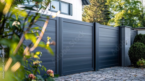 Stylish modern fence in anthracite with a sliding gate, urban setting, high-quality finish, elegant design