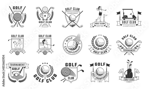 Golf badges. Sport logos for golf club badges with specific tools cups balls stick recent vector template with place for personal text