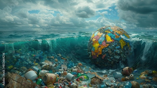 Globe made from waste materials, save the planet concept, detailed and thoughtprovoking illustration