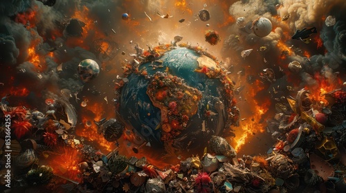 Globe made from waste materials, save the planet concept, detailed and thoughtprovoking illustration