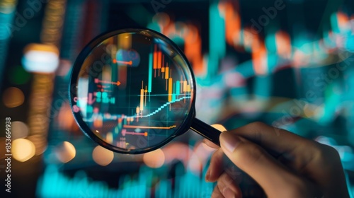 Analyzing Market Trends: Hand Holding Magnifying Glass Over Financial Chart.