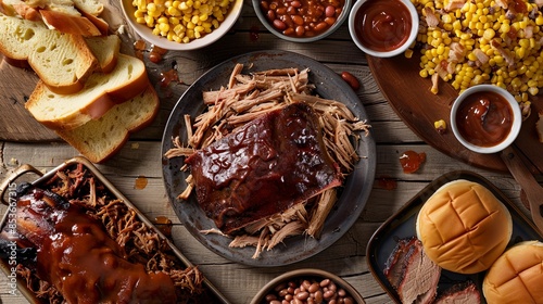 A Southern BBQ joint with plates of pulled pork, baked beans, and cornbread, depicting the hearty, comfort food of the American South.