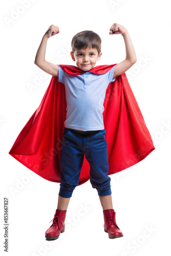 Superhero Kid in Red Cape Flexing Muscles isolated on transparent background