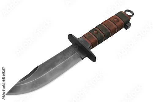 Close-up image of a combat knife with a sharp stainless steel blade and a wooden handle, isolated on a white background.