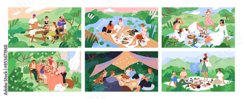 Summer picnics set. People at garden table, blanket on pier, mat in park. Cozy outdoor food party on backyard and field. Friends eating, chilling in nature, landscapes. Flat vector illustrations