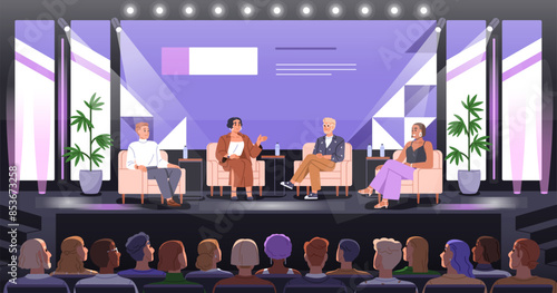 Conference stage with speakers group sitting in chairs, talking, discussing. Business event, forum, discussion. Communication at congress meeting, professional seminar, panel. Flat vector illustration