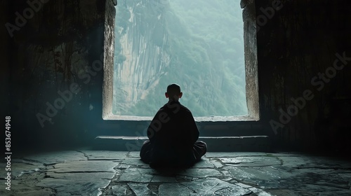 A monk sits in meditation in a dark room. The only light comes from a small window high above him.