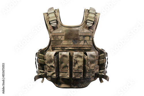 Tactical military bulletproof vest with camouflage design, front view. Essential gear for protection during combat and tactical operations.