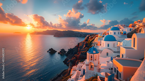A stunning Santorini scene with whitewashed houses, blue domes, and breathtaking sunsets over the Aegean Sea.