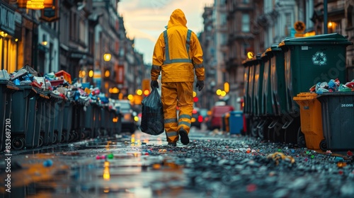 A rear view of a sanitation worker in high-visibility apparel, negotiating a path between bins overflowing with refuse on a city street