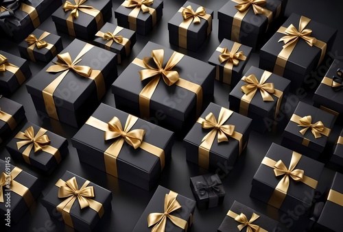 Black gift boxes with gold ribbon, Black Friday concept.