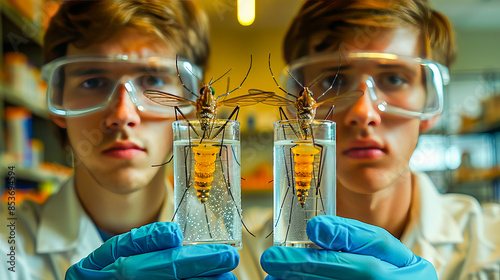 Two young entomologists holding beakers containing genetically modified mosquitoes