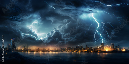 A dramatic thunderstorm with dark clouds and lightning striking in the distance over a cityscape