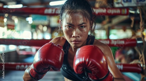 A determined female boxer in a boxing ring, ready for a fight.