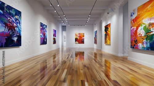 A modern art gallery with white walls and polished wooden floors, featuring a collection of vibrant abstract paintings that bring energy and color to the minimalist environment.