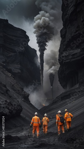 An image of a coal mine with miners working and columns of smoke above the horizon