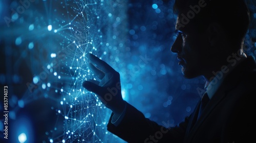 A visionary businessman in a tailored suit engages with a digital hologram of a geometric structure, epitomizing innovation and futuristic business solutions, against a sleek blue backdrop. 