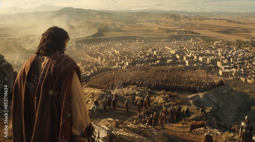Jesus Christ standing on top of an ancient hill, overlooking city below.