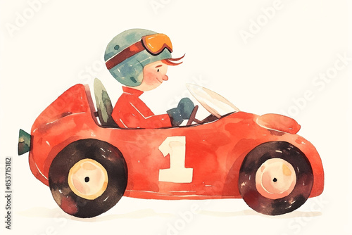 Adorable watercolor illustration of a joyful child in a red race car