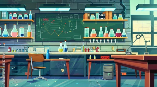 Chemistry classroom illustration with lab equipment and formulas.