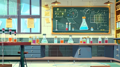 Chemistry classroom illustration with lab equipment and formulas.