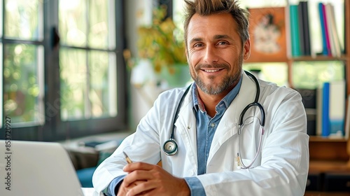 Experienced mature male doctor sits comfortably before a computer, exuding confidence