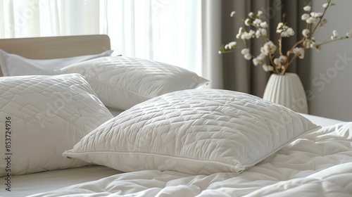 White bedding with a quilted pattern and a vase of flowers in the background.