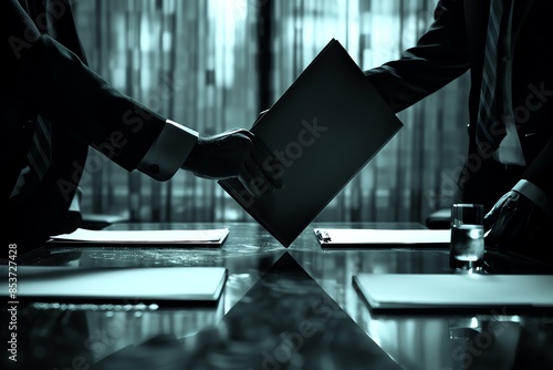 Executives exchanging a confidential folder under a table in a dark conference room, only hands visible, high contrast, secretive tone