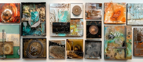 Detailed shot of a gallery wall adorned with a collection of mixed media abstract paintings, each incorporating elements like metal, glass, and resin.