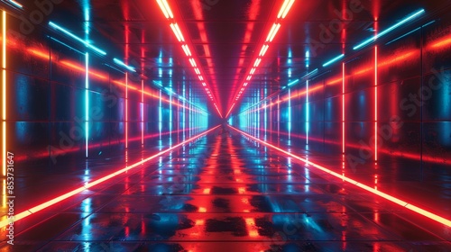 A long, narrow hallway with neon lights on the walls