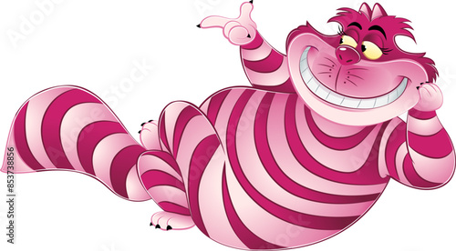 cheshire cat laying and smiling with all teeth. Wonderland cat in pink colour. Part 2