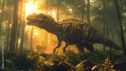 A dynamic shot of a dinosaur breaking through the forest canopy, creating a path.
