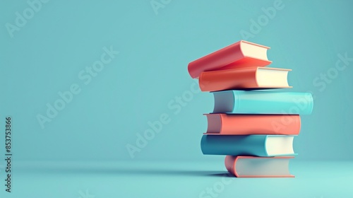 Stack of colorful books on a blue background, representing education and reading. Perfect for library, school, or learning concepts. 3D Illustration.