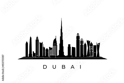 Monochrome Dubai skyline silhouette with iconic buildings.