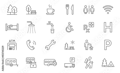 Camping road signs line icon set. Trailer park, RV waste water dump, hiking trail, green zone, lodging, picnic area outline vector illustration. Simple linear pictogram for tourism. Editable Stroke