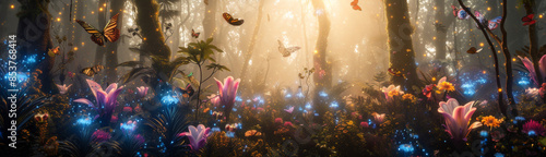 Fairy enchanted forest wonderland wall paper background. Glowing flowers, misty sunlight.