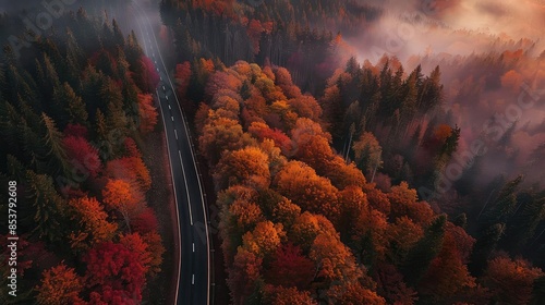 Aerial view of a scenic road winding through a misty autumn forest with vibrant fall foliage colors and dense trees, perfect for travel and nature photography.
