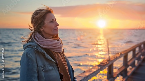 A middleaged woman stands on a pier in the sunset rays on the ocean or sea Peaceful inner joy Weekends holidays rest Happy face : Generative AI