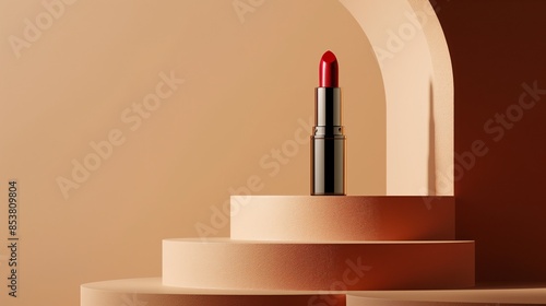 Red lipstick on a minimalist beige podium, representing beauty products.