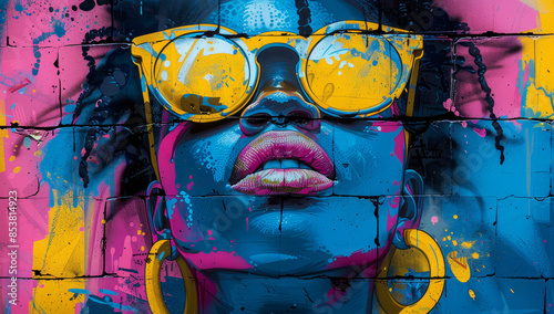 Colorful graffiti art of a woman wearing sunglasses and earrings on a brick wall