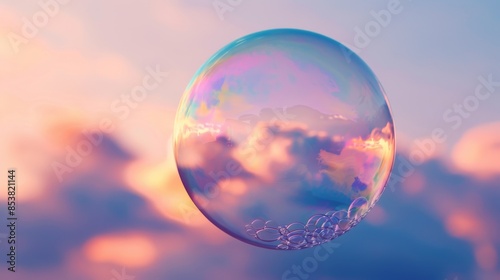 Soap bubble with reflections floating at sunset