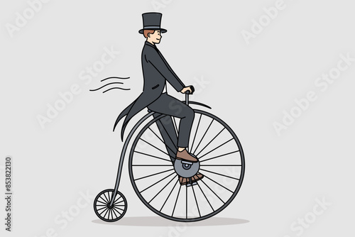 Man in tailcoat rides vintage penny farthing bicycle, imagining time travel to last century. Guy uses fancy bicycle while performing on circus stage to surprise audience who came to show.