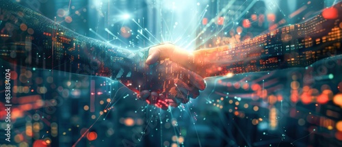 Handshake symbolizing business partnership, glowing digital network, skyscrapers in financial district, digital art