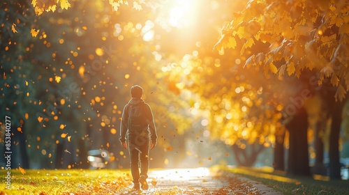 Student walking away on a treelined path with sunlight streaming through leaves, blurred background, natural setting, photorealistic, serene 8K , high-resolution, ultra HD,up32K HD