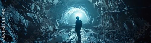 Miner in a hard hat standing in a dimly lit, icy underground tunnel with rocky walls, cold atmosphere, detailed, realistic, industrial environment 8K , high-resolution, ultra HD,up32K HD