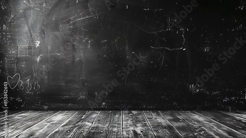 Wooden floor with chalkboard and blackboard wall