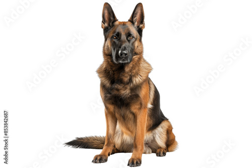 A majestic German Shepherd dog sits attentively against a transparent background. showcasing its strong and loyal demeanor.